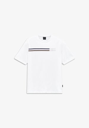 White short-sleeve T-shirt with two horizontal stripes and small "bugatti" text on the chest, round neckline, and black label on the side.