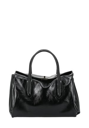 Shiny black leather handbag with two rounded handles and a silver clasp closure, showing slight creases on the surface.
