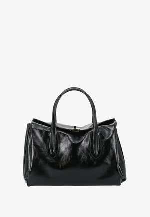 Shiny black leather handbag with two rounded handles and a silver clasp closure, showing slight creases on the surface.