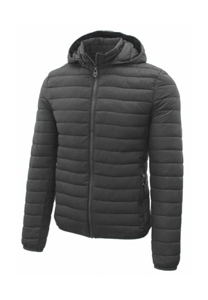 Giacca nera trapuntata con cappuccio, zip frontale e tasche laterali con zip, maniche lunghe e sezioni imbottite orizzontali per isolamento.