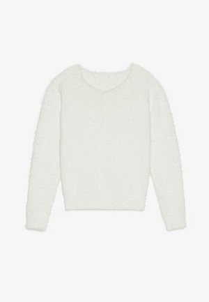 Pull blanc en peluche avec des manches longues, un décolleté en V large et une coupe cropped. La texture est douce et moelleuse, augmentant la chaleur.