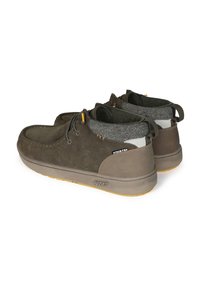 Brown suede shoes with a soft grey fabric collar, yellow accents, and a textured rubber sole. Features rounded toe and sturdy construction.