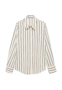 Lange mouw shirt in crème met verticale zwarte strepen, voorzien van een puntkraag, knoopsluiting aan de voorkant en manchet mouwen. Glad stoftextuur.
