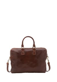 Borsa in pelle marrone con una superficie liscia, doppi manici superiori, tracolla removibile e zip dorata lungo la parte superiore.