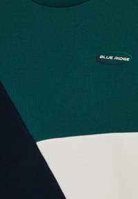 Pulover s krojenjem okroglega vratu v zeleni, beli in mornarsko modri barvi. Ima logo "BLUE RIDGE" in gladko bombažno teksturo.