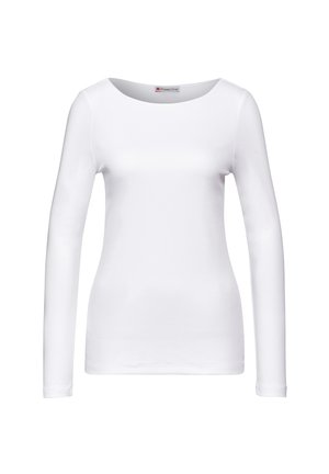 Weißes, langärmeliges, eng anliegendes Damenoberteil mit rundem Ausschnitt, schlichtem Design und Street One Markenlabel im Krageninnenteil.