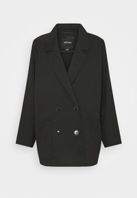 Černý oversized dvouřadý blejzr se širokými klopami, dvěma předními kapsami a čtyřmi knoflíky, vystavený na světlém pozadí.