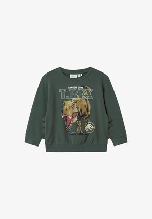 Sweat-shirt vert avec un graphique de T. Rex, affichant le texte "ZONE DANGEREUSE". Poignets et ourlet côtelés. Découpes latérales avec un design en zigzag pour une touche de détail supplémentaire.