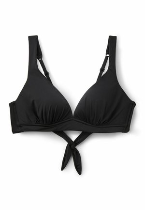 Czarny top od bikini z regulowanymi ramiączkami i detalem w postaci wiązanego z przodu supełka, zaprojektowany do kostiumów kąpielowych.