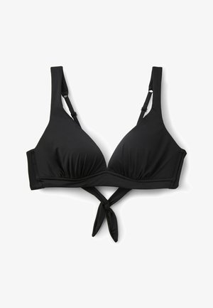 Czarny top od bikini z regulowanymi ramiączkami i detalem w postaci wiązanego z przodu supełka, zaprojektowany do kostiumów kąpielowych.
