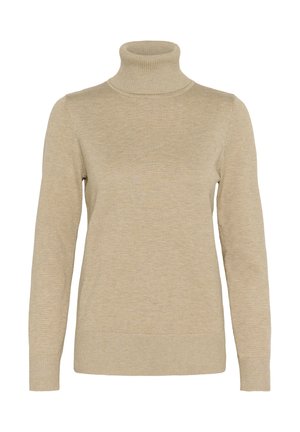 Beežil turtleneck-sviiter, mis on valmistatud ribakudumist. Omab pikki varrukaid ja liibuvat siluetti, ribakudumisega mansetid ja allääred.