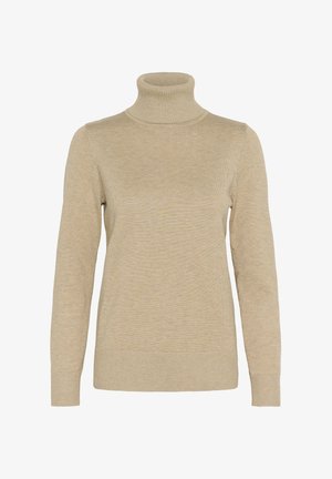 Beežil turtleneck-sviiter, mis on valmistatud ribakudumist. Omab pikki varrukaid ja liibuvat siluetti, ribakudumisega mansetid ja allääred.