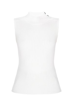 Top senza maniche bianco a collo alto realizzato in tessuto a coste, con un design attillato e una texture sottile, privo di motivi o dettagli aggiuntivi.