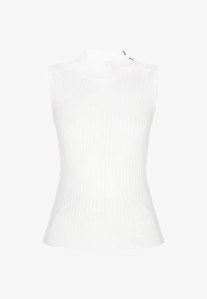 Top senza maniche bianco a collo alto realizzato in tessuto a coste, con un design attillato e una texture sottile, privo di motivi o dettagli aggiuntivi.