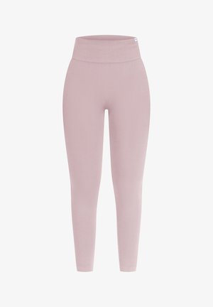 Leggings taille haute rose clair en tissu extensible, dotés d'une texture lisse et d'un design ajusté sans coutures visibles.