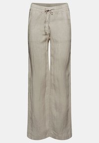 Pantalon large en lin beige avec taille élastique et cordon de serrage ajustable, doté de poches avant.