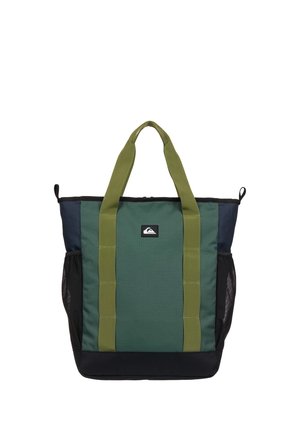 Groene en marineblauwe draagtas met twee olijfgroene handvatten, zwarte bodem, zijvakken van gaas en een klein wit berglogo in het midden.