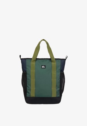 Groene en marineblauwe draagtas met twee olijfgroene handvatten, zwarte bodem, zijvakken van gaas en een klein wit berglogo in het midden.