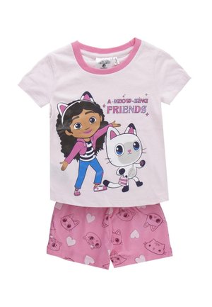Set di pigiama rosa e bianco per bambini con un cartone animato di una ragazza e un gatto e il testo "A-MEOW-ZING FRIENDS" sulla maglietta e cuori e facce di gatto sui pantaloncini.
