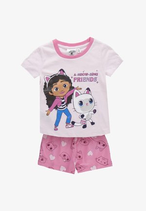 Kinder rosa-weißes Pyjama-Set mit einem Mädchen- und Katzen-Comic und dem Schriftzug „A-MEOW-ZING FRIENDS“ auf dem Shirt sowie Herz- und Katzengesichtern auf der Shorts.