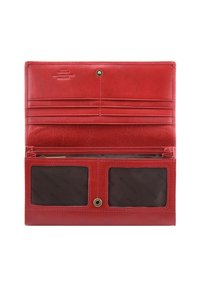Interno di un portafoglio in pelle rossa con molte tasche per carte, due finestre trasparenti per documenti d'identità e chiusura a pulsante. Texture liscia e senza motivi visibili.