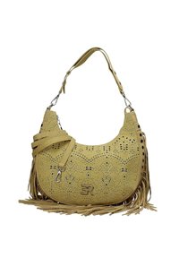 Borsa a tracolla in pelle gialla perforata con dettagli frangianti, tracolla regolabile e hardware in metallo. Presenta un motivo decorativo a ritaglio.