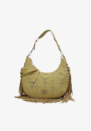 Borsa a tracolla in pelle gialla perforata con dettagli frangianti, tracolla regolabile e hardware in metallo. Presenta un motivo decorativo a ritaglio.