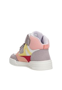 Children's high-top sneaker featuring a mix of suede and mesh materials in pastel colors, with velcro strap, padded collar, and textured sole.