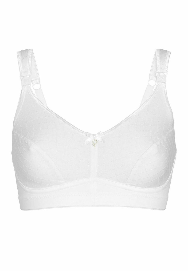 Vit trådlös bh med kviltad textur, justerbara axelband och en liten rosett i mitten. Har en slät yta och knäppning med hak och ögla.
