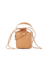 Sac seau en cuir tan avec fermeture à cordon, logo gravé "V°73 VENEZIA", sangle réglable et base arrondie avec des accents dorés.