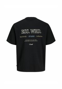 Black cotton T-shirt with short sleeves, featuring white and blue text on the back: "ESS. WRD. Worldwide STUDIO Collection."