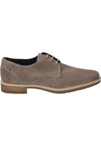 Herren braune Wildleder-Oxford-Schuhe mit glatter Textur, Schnürdesign und einer hellen Gummisohle. Dezente Naht- und Markenakzente.