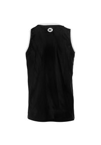 Schwarzes Sport-Top aus Netzmaterial mit weißen Akzenten und rundem Logo auf dem Rücken. Verfügt über ein leichtes, atmungsaktives Design mit ärmellosem Schnitt.