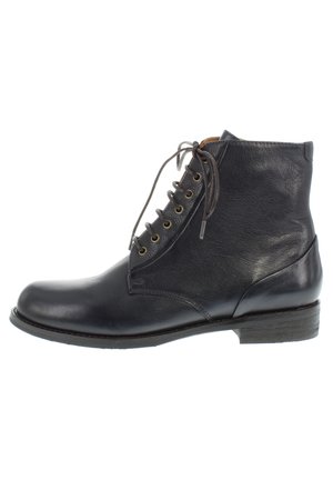 Black leather ankle boot with a rounded toe, lace-up front, brass eyelets, and a textured finish. Low stacked heel.