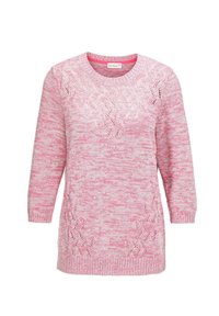 Rosa gestrickter Pullover mit einem runden Ausschnitt, ¾-langen Ärmeln und dekorativen Spitzenmustern auf der Vorderseite. Weiche Textur und lockere Passform.