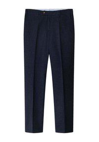 Pantaloni tailored blu navy con passanti per cintura, bottone frontale, tasche laterali e leggero motivo di tessuto testurizzato.
