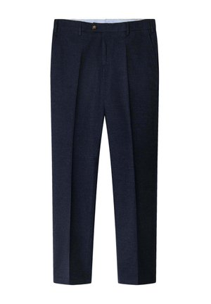 Pantaloni tailored blu navy con passanti per cintura, bottone frontale, tasche laterali e leggero motivo di tessuto testurizzato.