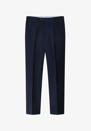 Marineblauwe op maat gemaakte dress trousers met riemlussen, een knoop aan de voorkant, zijzakken en een subtiel gemêleerd stofpatroon.