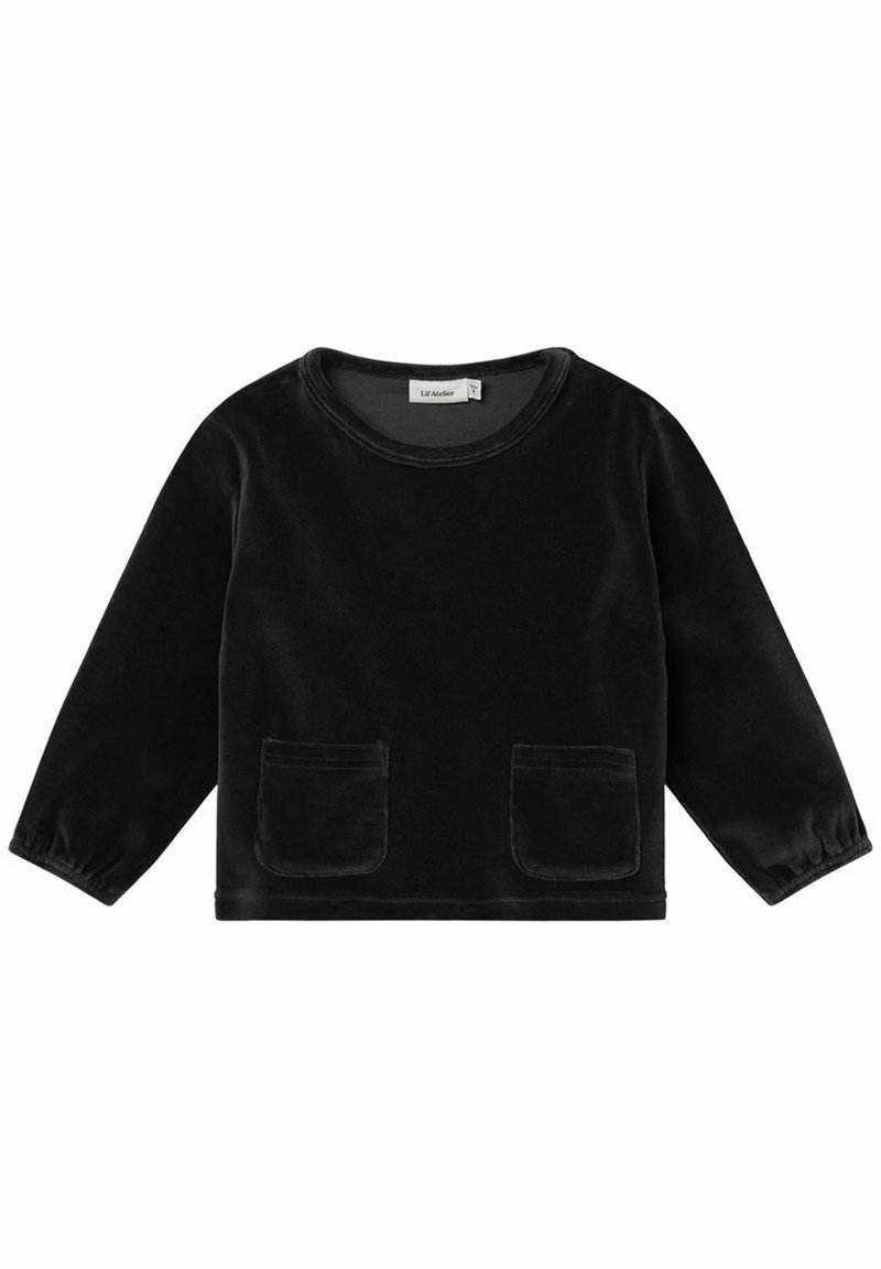 Chemise pour tout-petit en velours noir à manches longues avec col rond, deux poches avant, poignets élastiques et ourlet droit.