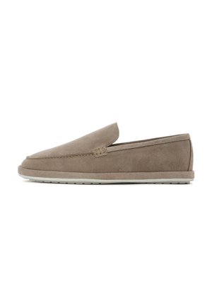 Brown suede slip-on shoe with a rounded toe, reinforced stitching along the edge, and a light-colored rubber sole. Simple design, no visible branding.