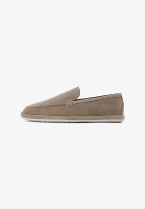 Brown suede slip-on shoe with a rounded toe, reinforced stitching along the edge, and a light-colored rubber sole. Simple design, no visible branding.
