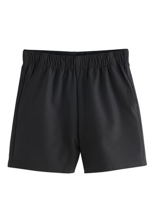 Schwarze Shorts mit elastischem Bund und Seitentaschen, knielang, aus glattem, leichtem Stoff.
