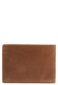 Portafoglio in pelle marrone con una texture liscia, forma rettangolare e cuciture tonali. Design minimalista senza hardware visibile o motivi.