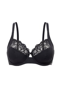 Soutien-gorge noir avec armatures, en tissu gaufré et dentelle. Dispose de bretelles ajustables et d'une fermeture par crochet à l'avant.