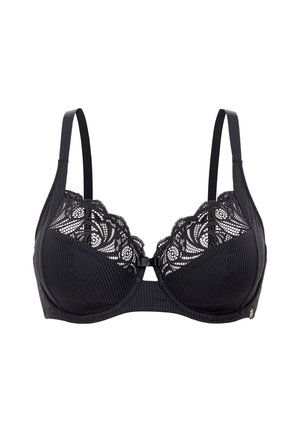 Soutien-gorge noir avec armatures, en tissu gaufré et dentelle. Dispose de bretelles ajustables et d'une fermeture par crochet à l'avant.