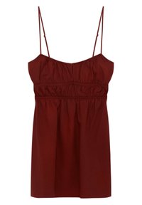 Vínový top bez rukávů s nastavitelnými tenkými ramínky, naftovanou texturou na hrudníku a volným střihem.