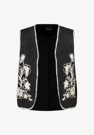 Zwarte mouwloze vest met witte bloemenborduring en decoratieve rand langs de randen. Zachte textuur met een open voorkant ontwerp.