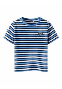 Blå och vit randig kortärmad t-shirt med en liten elefantbrodering på bröstet. Tillverkad av mjukt bomullstyg.