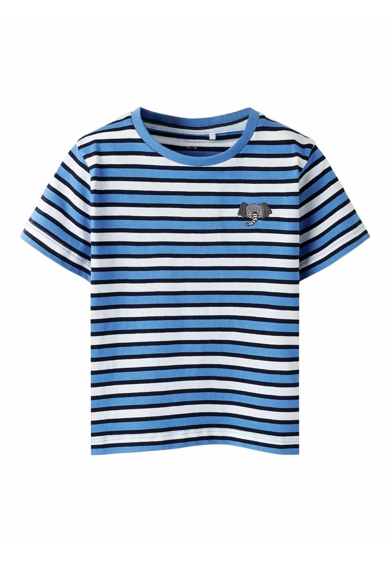 Blå och vit randig kortärmad t-shirt med en liten elefantbrodering på bröstet. Tillverkad av mjukt bomullstyg.