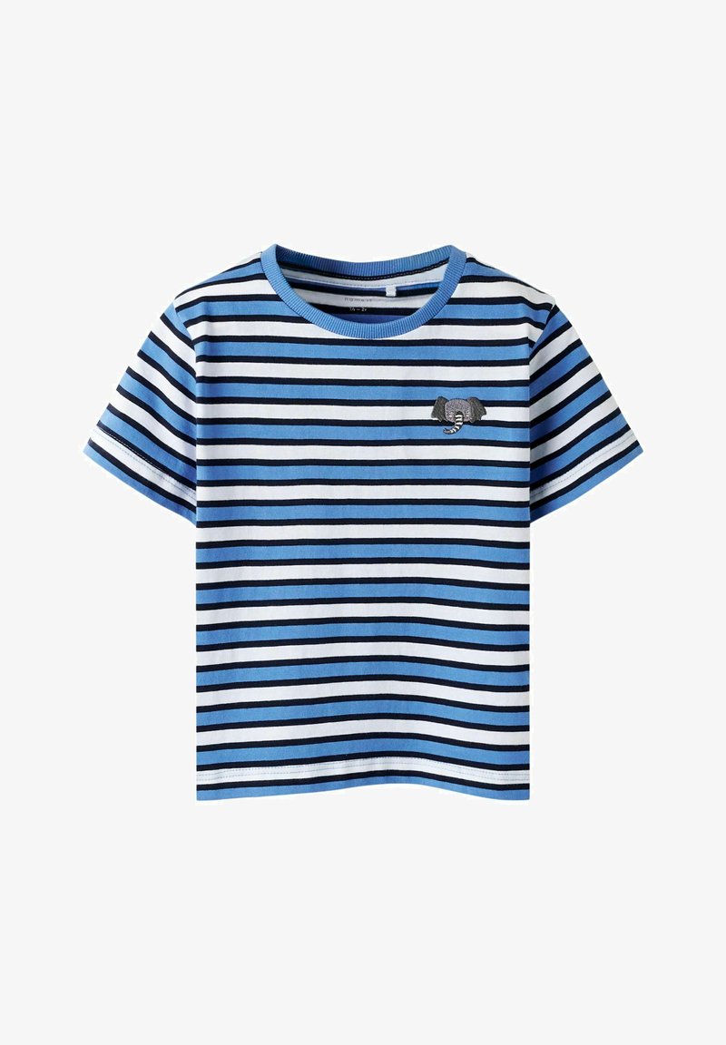 Kék és fehér csíkos, rövid ujjú póló, kis elefánt hímzéssel a mellkasán. Puha pamut anyagból készült.